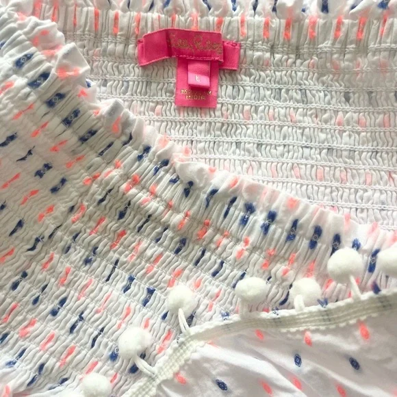 Lilly Pulitzer Ethenia White Blue Orange Patterned Skirt with Pom Poms - Picture 5 of 9